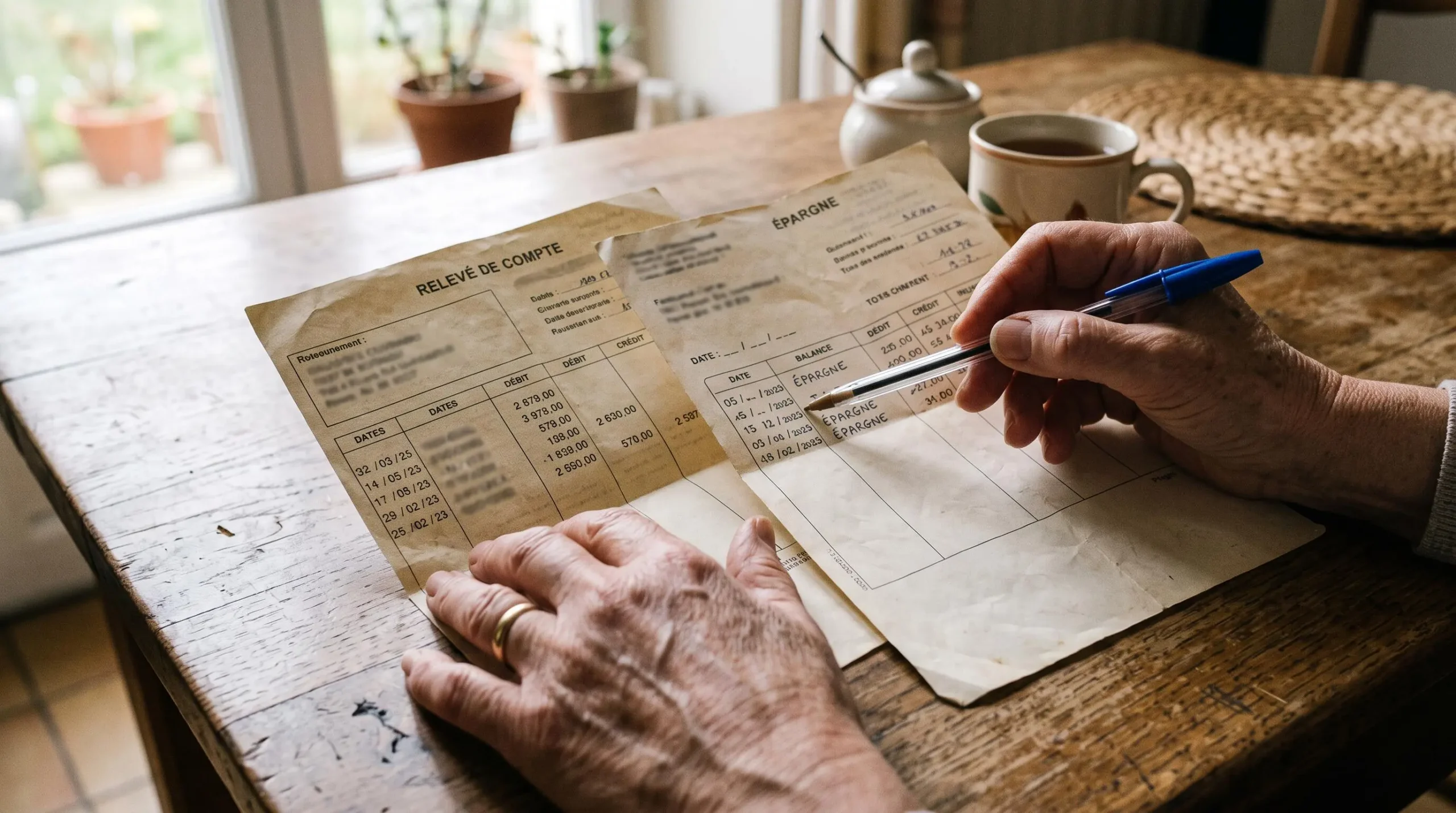 Une personne compare deux relevés de compte d'épargne datés sur une table.