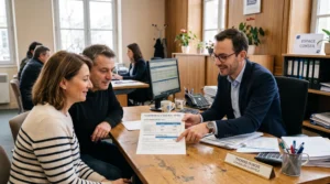 Un conseiller bancaire présente un taux d'épargne à un couple assis à son bureau.
