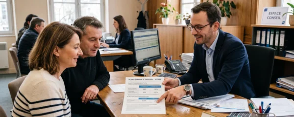 Un conseiller bancaire présente un taux d'épargne à un couple assis à son bureau.
