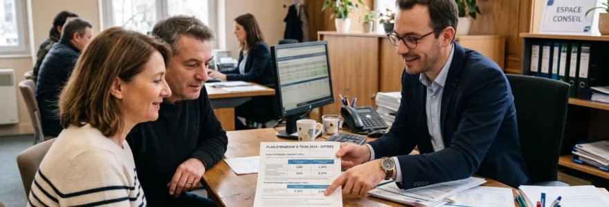 Un conseiller bancaire présente un taux d'épargne à un couple assis à son bureau.