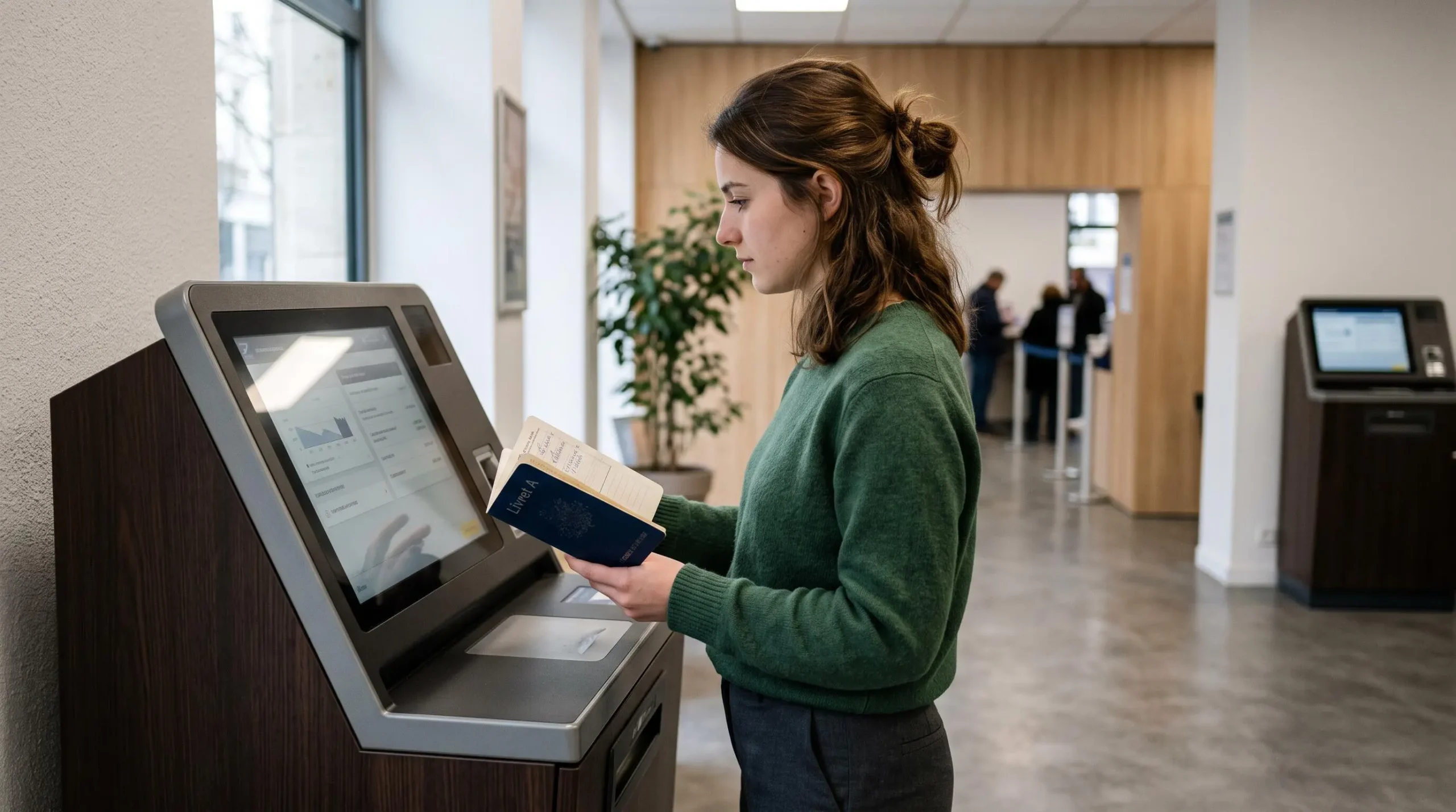 Une femme consulte son livret d'épargne sur un terminal en agence bancaire.